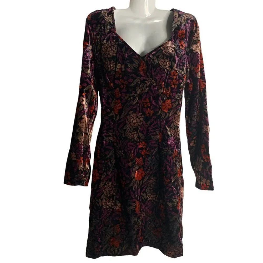 Vintage 80s Contempo Casuals Velvet Sheath Dress M Black Floral Long Sleeve NEW